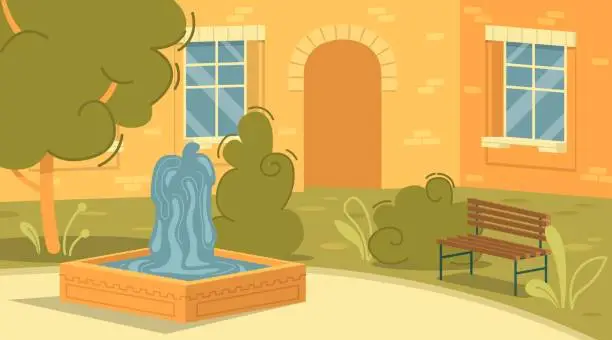 Vector illustration of Small Fountain on Peaceful Path, Campus Courtyard.