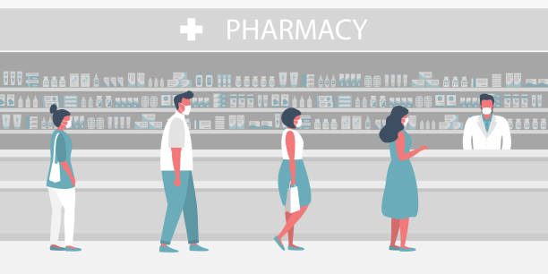 People in medical masks in the pharmacy. The pharmacist stands near the shelves with medicines. Visitors keep their distance in line People in medical masks in the pharmacy. The pharmacist stands near the shelves with medicines. Visitors keep their distance in line. Vector illustration in flat style pharmacy store stock illustrations