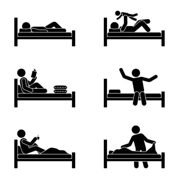 stick фигура человека, лежащего в постели, чтение книги, пить кофе, играть с ребенком, растяжения, что делает кровать вектор иллюстрации пиктог - kid made stock illustrations