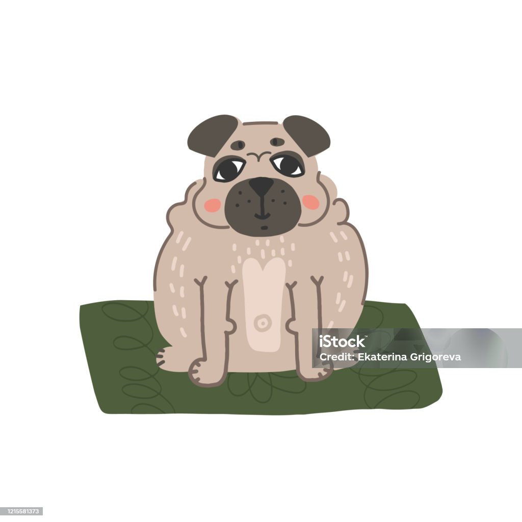 Cute Smiling Fat Pug Puppy On Green Mat Flat Vector Illustration On  Isolated Background Stock Illustration - Download Image Now - iStock