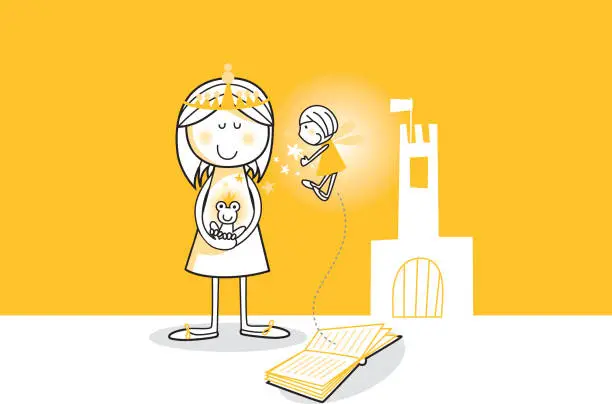Vector illustration of girl pretending be a princess with a book on the flor