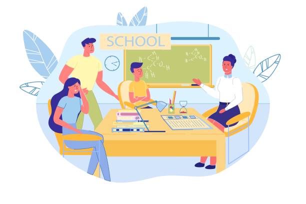 родители, малыш и учитель на собрании pta в школе - teacher parent education meeting stock illustrations