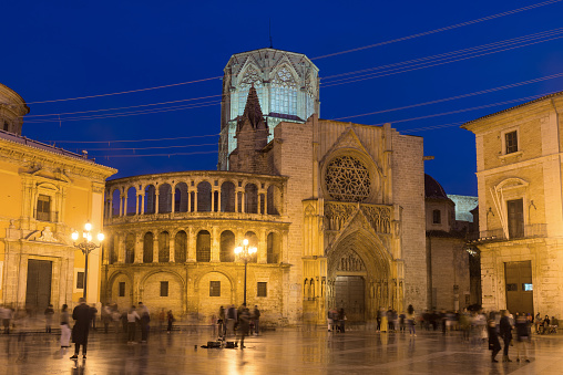 Wide angle view of Valencia Cathedral at night, Valencia, Spain, Europe