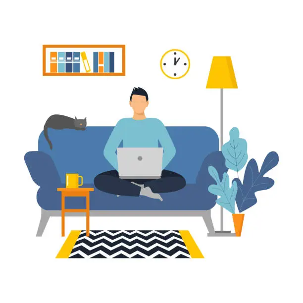 Vector illustration of Man with laptop sitting on the sofa.