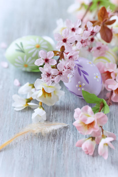 istock Easter Decoration. Bright wooden background. 1215584052
