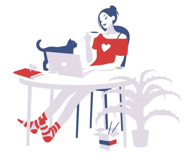 Vector illustration of A freelance girl working at home, drinking coffee, sitting at a round table with a laptop and her cat. Vector illustration.