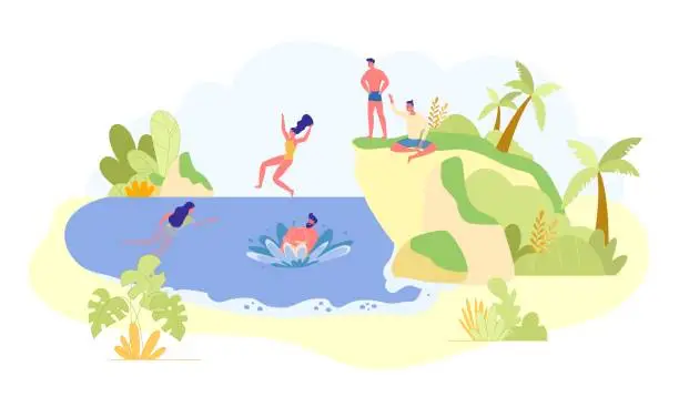 Vector illustration of Outdoor Sport Rest, Jump from Cliff into Water.