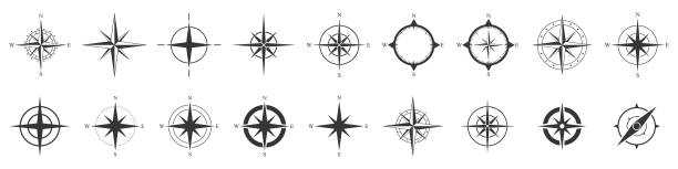 Compass icons set. Vector compass icons. Compass icons set. Black compass icons isolated. Vector illustration. compass stock illustrations