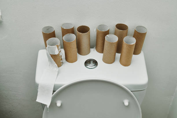 istock Problems ahead, back of a toilet with many empty toilet rolls. 1215590968