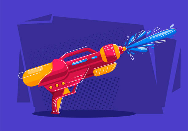 ilustraciones, imágenes clip art, dibujos animados e iconos de stock de ilustración vectorial de una pistola de agua que dispara un chorro de agua - toy gun