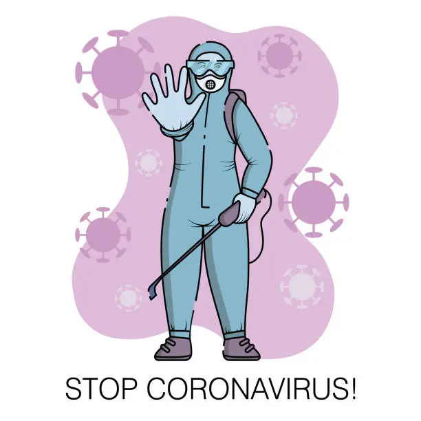 Vector illustration of Man in a protective suit, glasses, respirator and gloves disinfects the street from the coronavirus Covid 19