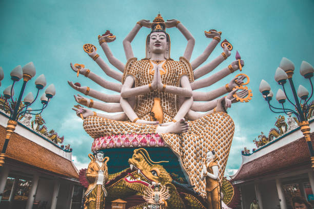 A low angle shot of a Wat Plai Laem Buddhist temple in Koh Samui, Thailand