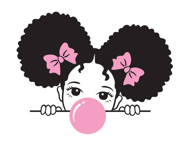 Cute Girl with Afro Puff Hair Blowing Bubble Gum Vector illustration of a girl with afro puff hair blowing pink bubble gum. child misbehaving stock illustrations