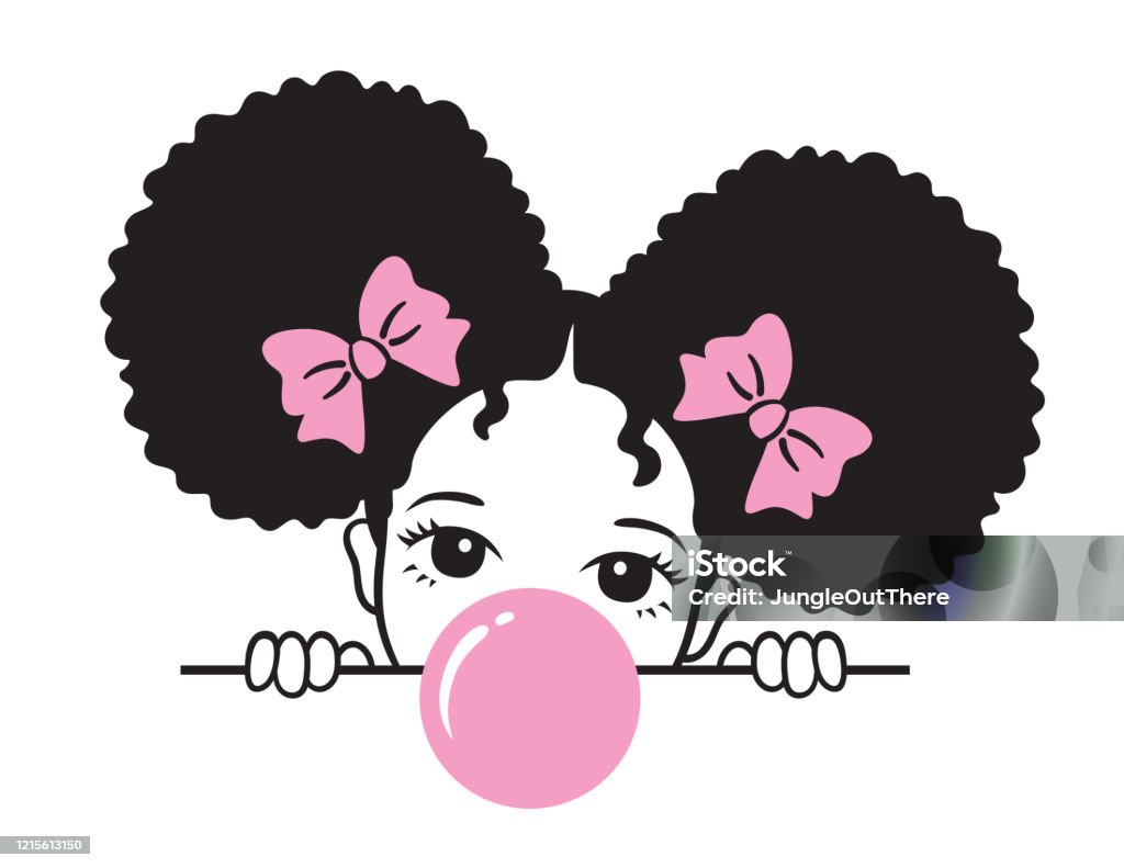 Cô Gái Dễ Thương Với Afro Puff Tóc Thổi Bong Bóng Kẹo Cao Su Hình ...