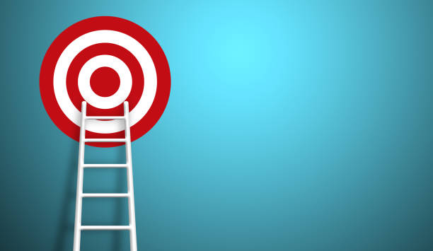 istock Stand out from the crowd and think different creative idea concepts. Longest white ladder and aiming high to goal target with copy space 1215613199