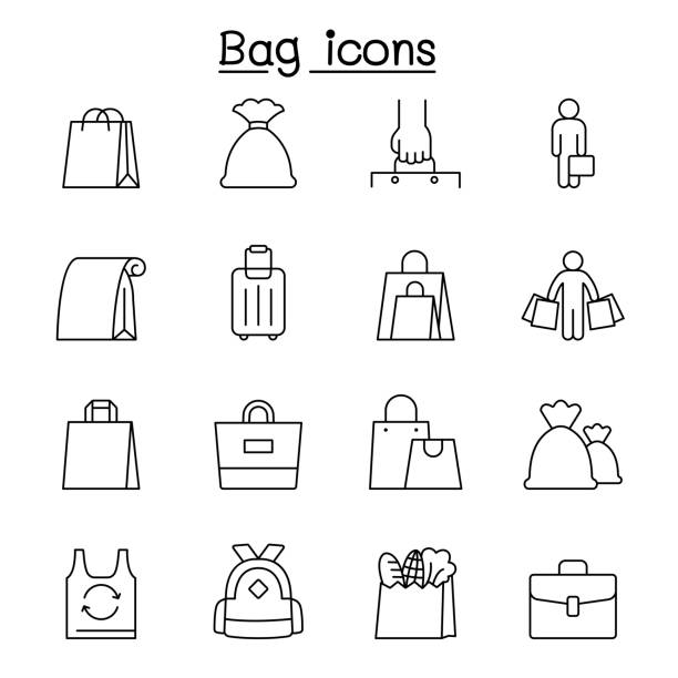 ilustrações de stock, clip art, desenhos animados e ícones de bag icons set in thin line style - paper bag illustrations