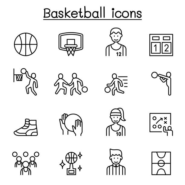 баскетбольные значки, установленные в стиле тонкой линии - basketball basketball player shoe sports clothing stock illustrations