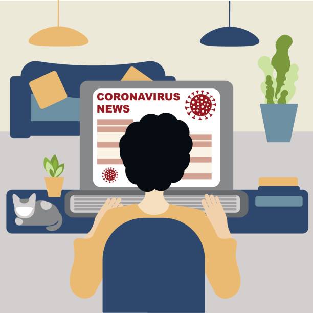 Coronavirus concept news. A man is sitting at his laptop reading the Coronavirus news. Virus concept 2019-nCoV, covid-19 vector art illustration