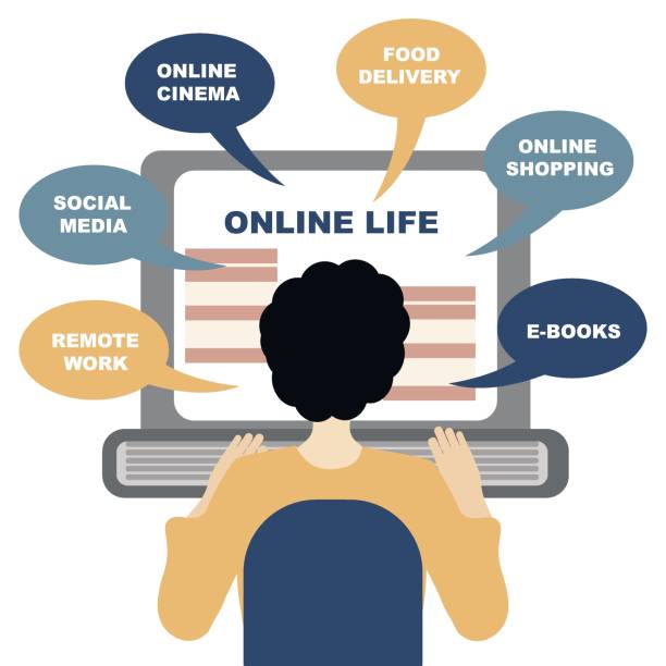 Concept of life online. You can get everything staying at home online.  Man sits in front of his laptop, choosing a service. vector art illustration