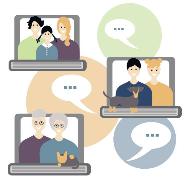 Internet communication with family concept. Three families communicate on the Internet through laptops. vector art illustration
