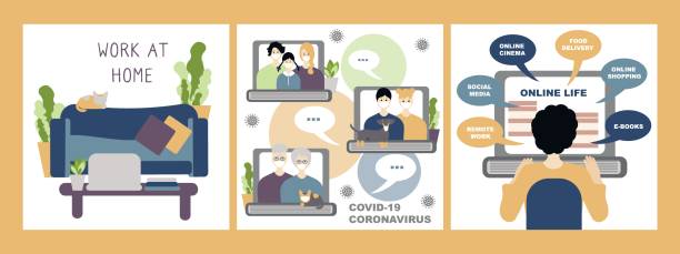 Vector set, stay at home concept. Internet communication with family , work at home and online life. Coronavirus concept Novel coronavirus 2019-nCoV, covid-19 vector art illustration