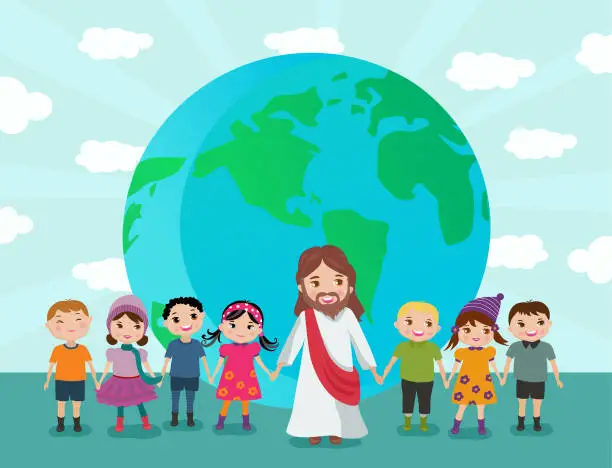 Vector illustration of Jesus holding the little children across the globe.