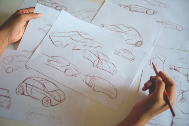 istock Graphic designer artist Work drawing sketch design development Prototype car Automotive industrial creative visual concept 1215624806