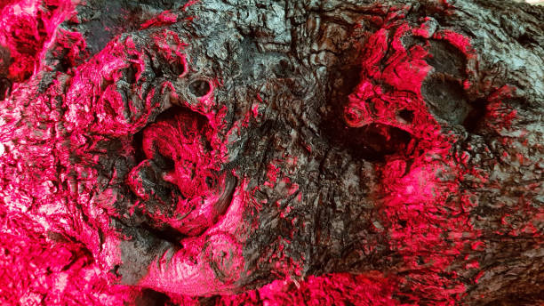 istock Defocused rough knotted wood texture colored by red purple illumination. Abstract background of textured wooden surface. 1215630156