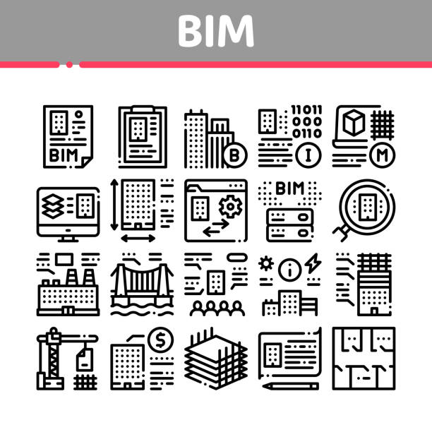 ilustraciones, imágenes clip art, dibujos animados e iconos de stock de bim building information modeling icons set vector - architect computer icon architecture icon set