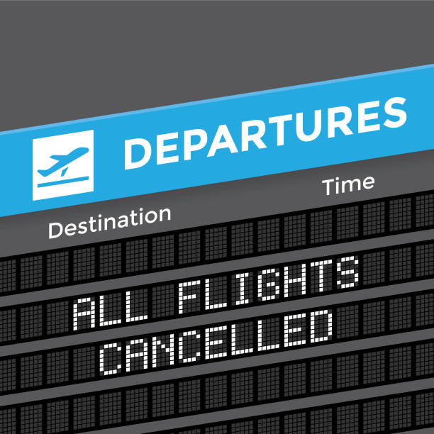 Airport departures board with text on screen: All flights cancelled. Concept: coronavirus COVID-19 pandemic outbreak Airport departures board with text on screen: All flights cancelled. Concept: coronavirus COVID-19 pandemic outbreak jump jet stock illustrations