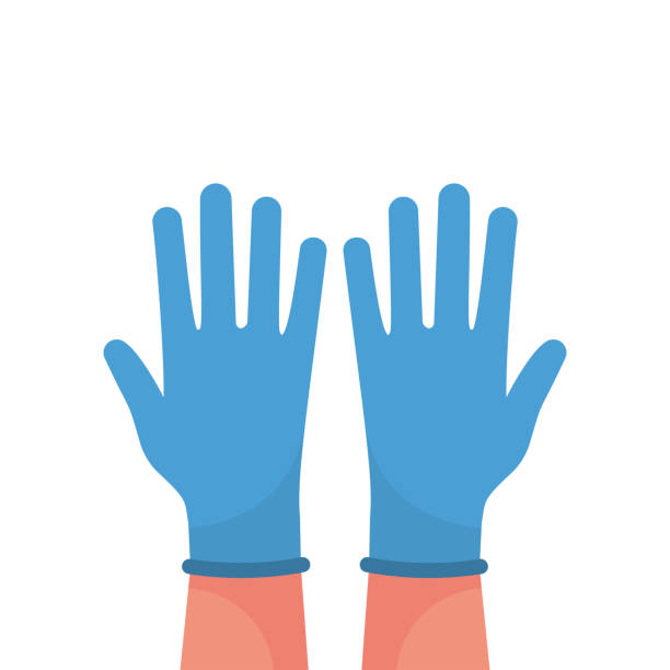 Hands putting on protective blue gloves vector Hands putting on protective blue gloves. Latex gloves as a symbol of protection against viruses and bacteria. Precaution icon. Vector illustration flat design. Isolated on white background. glove stock illustrations