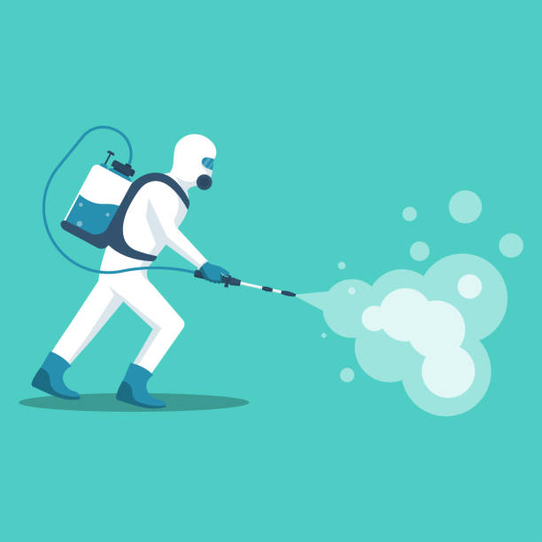 Man in hazmat. Protective suit, gas mask and gas cylinder for disinfection coronavirus Man in hazmat. Protective suit, gas mask and gas cylinder for disinfection coronavirus. Toxic and chemicals protection. Spraying pesticides. Biological precaution. Vector illustration flat design. insecticide stock illustrations