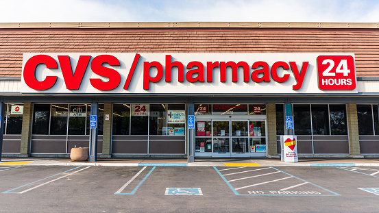 Mar 24, 2020 Sunnyvale / CA / USA - CVS / pharmacy entrance of one of their locations open 24 hours; San Francisco bay area