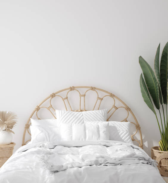istock Coastal boho style bedroom interior, wall mockup 1215639204