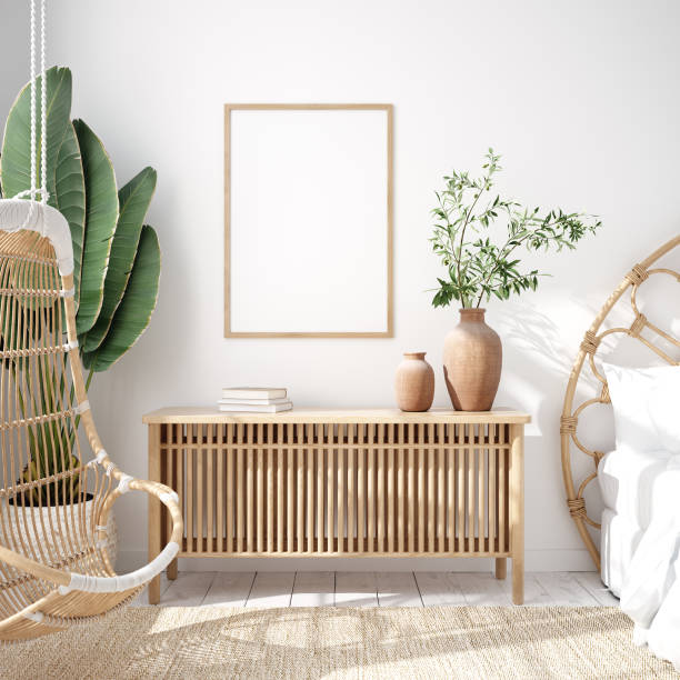Mockup frame in bedroom interior background, Coastal boho style Mockup frame in bedroom interior background, Coastal boho style, 3d render boho stock pictures, royalty-free photos & images