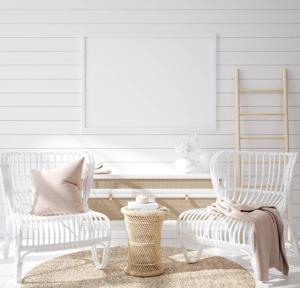 istock Mock up frame in cozy coastal home interior background 1215639209