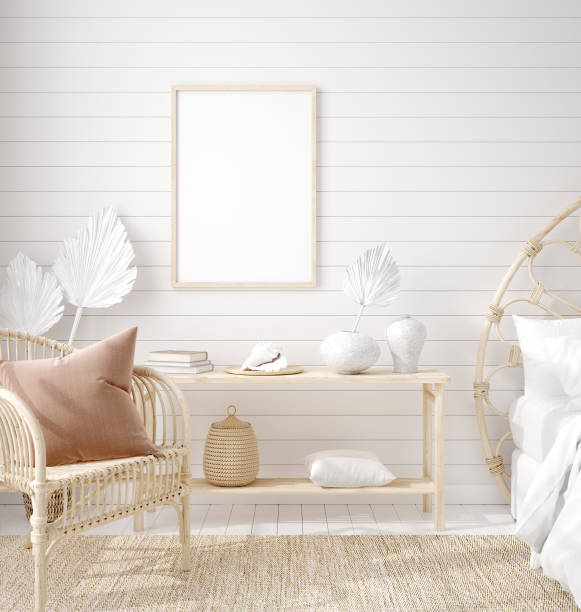 istock Mockup frame in bedroom interior background, Coastal boho style 1215639221