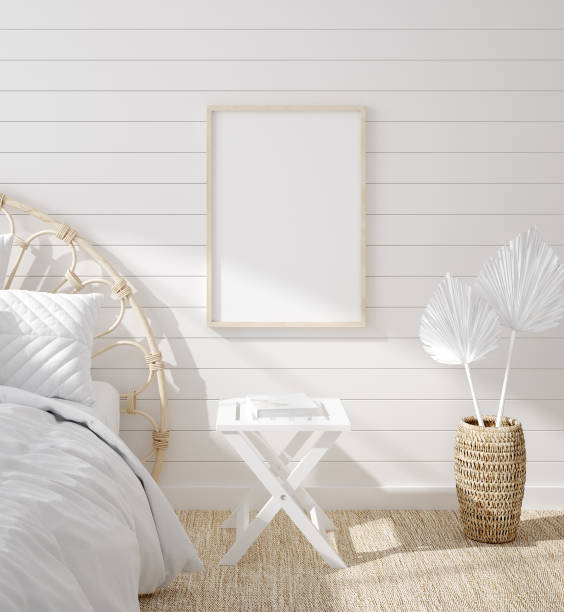 istock Mockup frame in bedroom interior background, Coastal boho style 1215639226