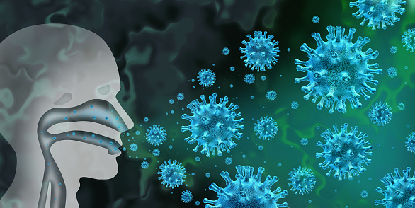 virus influenza and flu spread caused by pathogen infection with human symptoms of fever infecting the nose and throat as coronavirus or covid-19 illness pandemic 3d illustration elements.