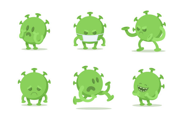 satz von coronavirus zeichentrickfiguren in verschiedenen posen. grüner viraler mikroorganismus. quarantäne-situation, covid-19 virus weltpandemie. flache vektor-illustration, isoliert auf weißem hintergrund. - green monster stock-grafiken, -clipart, -cartoons und -symbole