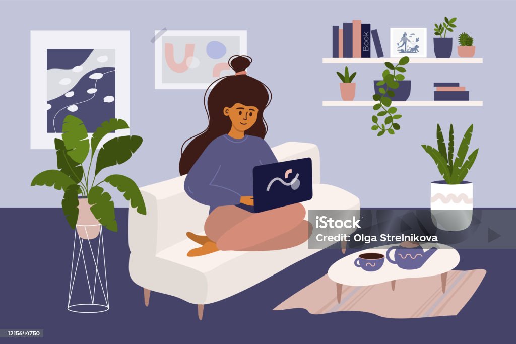 Girl working on laptop at home in cozy interior Stay and work from home concept. Cute girl sitting on sofa and working online on laptop. Coronavirus, quarantine or isolation. Flat vector illustration of young woman in cozy interior with houseplants Illustration stock vector