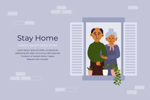 Vector illustration of Aged people stay home and looking out of window