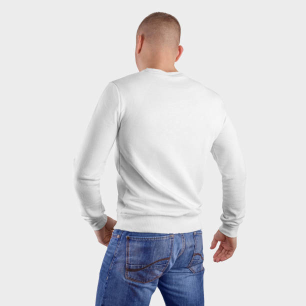 istock Template male textile heather on a man, back view, for presentation of design and pattern. Mockup of white pullover isolated on background. 1215644868