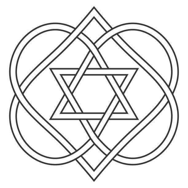 Celtic knot entwining hearts and stars of David, vector Jewish heart shape with star of David art two hearts are woven into carved love knot, symbol Jewish wedding Celtic knot entwining hearts and stars of David, vector Jewish heart shape with star of David art two hearts are woven into a carved love knot, a symbol of a Jewish wedding celtic knot heart stock illustrations