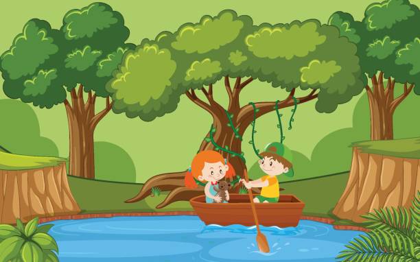 漕ぎボートで少年と女の子との背景シーン - boyhood点のイラスト素材／クリップアート素材／マンガ素材／アイコン素材