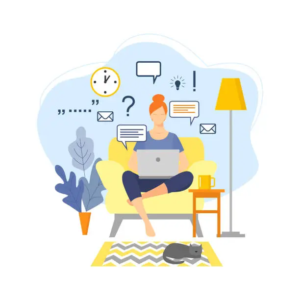 Vector illustration of Woman with laptop sitting on the armchair.