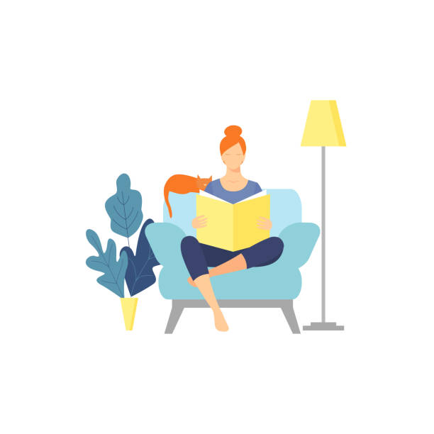 ilustrações de stock, clip art, desenhos animados e ícones de young woman reads book, sitting on armchair cross-legged. - woman with glasses reading a book