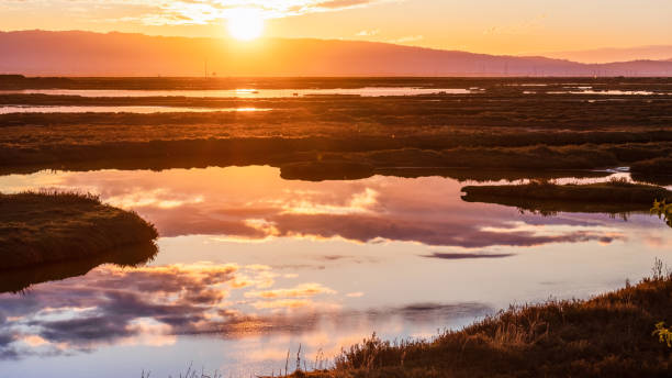 vistas al atardecer de las marismas de alviso con coloridas nubes reflejadas en la tranquila superficie del agua, refugio nacional de vida silvestre don edwards san francisco bay, san josé, california - cloud morning delta landscape fotografías e imágenes de stock