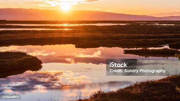 Sunset Views Of The Tidal Marshes Of Alviso With Colorful Clouds Reflected On The Calm Water Surface Don Edwards San Francisco Bay National Wildlife Refuge San Jose California Stock Photo - Download Image Now