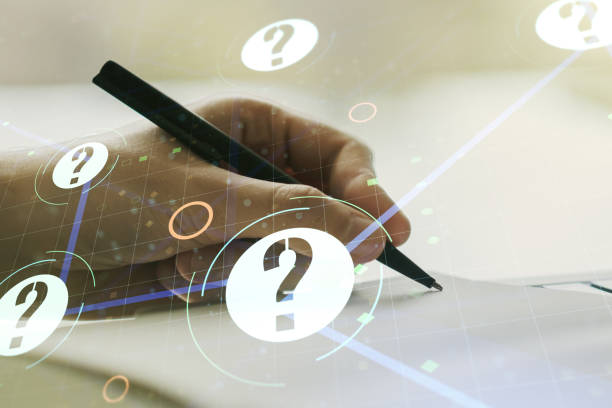 istock Double exposure of question mark hologram and man hand writing in notebook on background. Sociology and psychology concept 1215650342